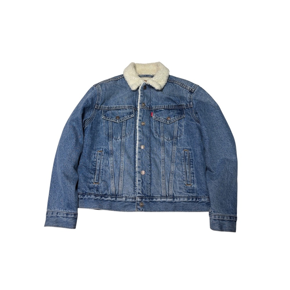Levis Premium Sherpa‎ Trucker Jacket Mens Small Blue Denim Faux Fur Lined Coat